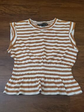 Veronica Beard Cream and Brown Striped Smocked Waist Cotton Top Size XS Feminine